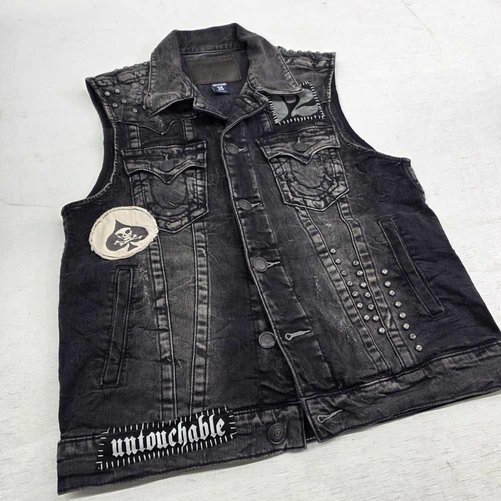 True Religion Distressed Jimmy Western Denim Vest Jacket Black Concrete Men's S - Picture 2 of 16